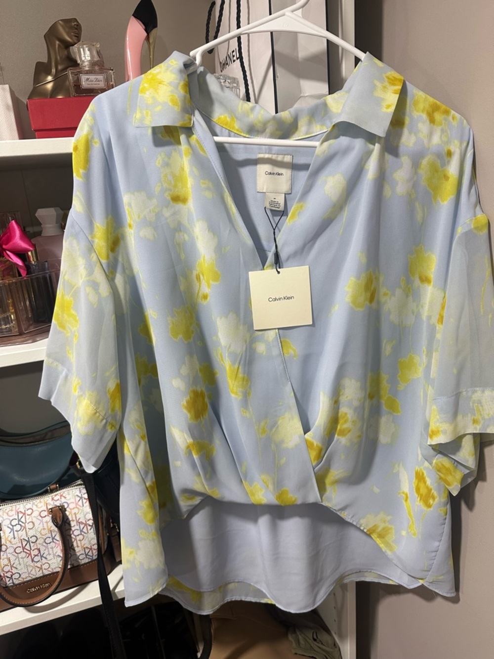Calvin Klein Pale Blue Floral Wrap-Style Blouse with Yellow Accents